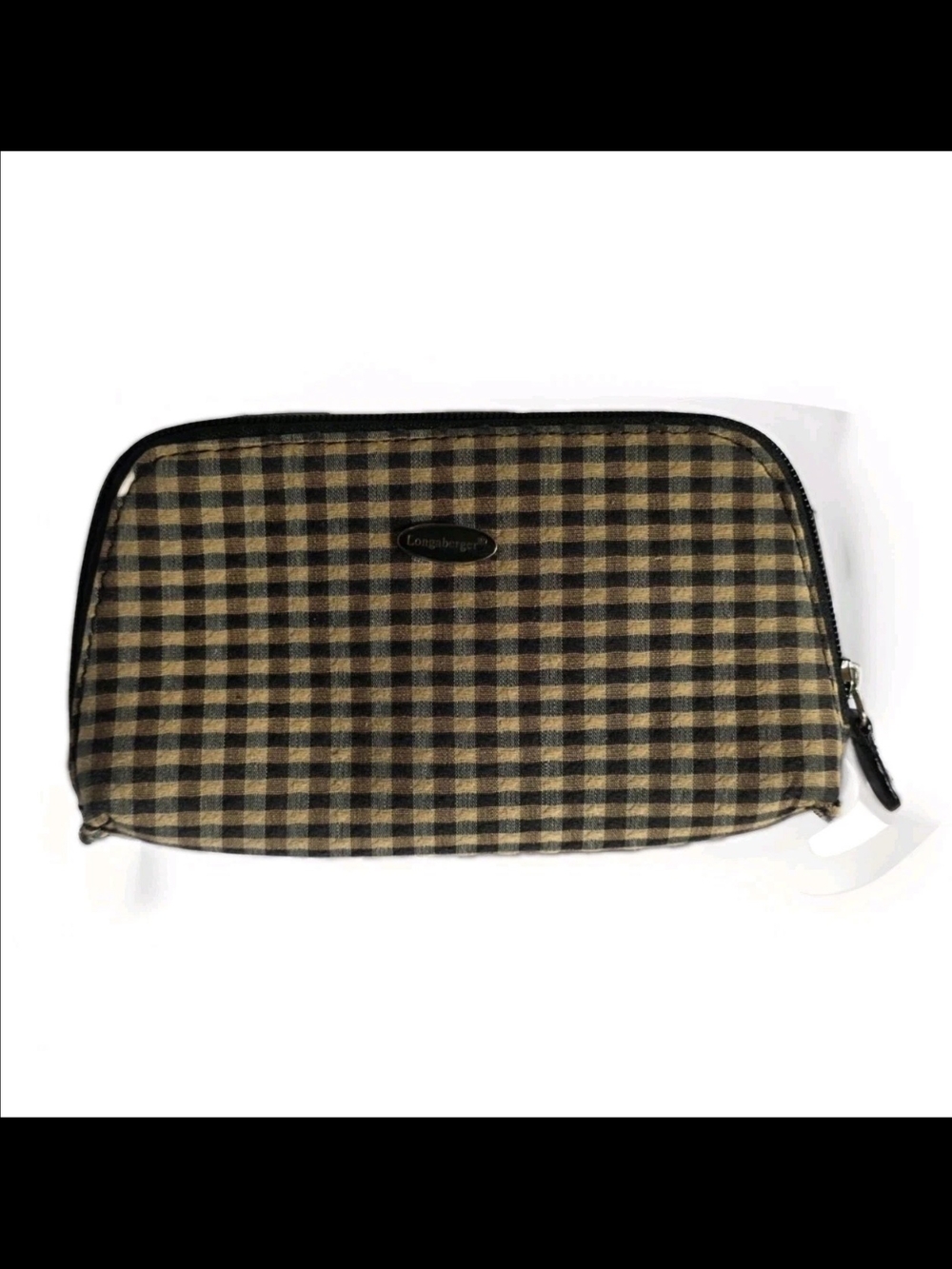 Longaberger Khaki Gingham Check Small Cosmetic Purse Bag